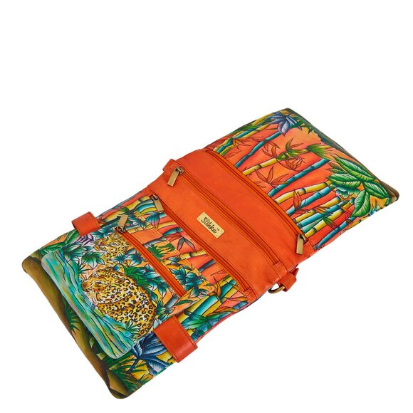 Hand-Painted Leather Women Orange Multi-Compartment Crossbody Sling Bag - Picture 7 of 8